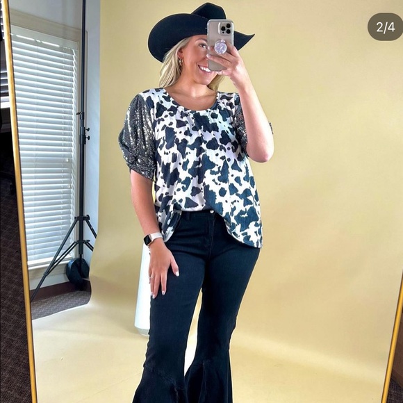 Blue Buttercup Tops - Brand New - Never Worn - Animal Cow Print Nashville Top - Wendy Drew Boutique